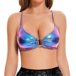 NWT Women’s Metallic Bra Tops Shiny Bralette Rave Crop Top with Metal Ring Small